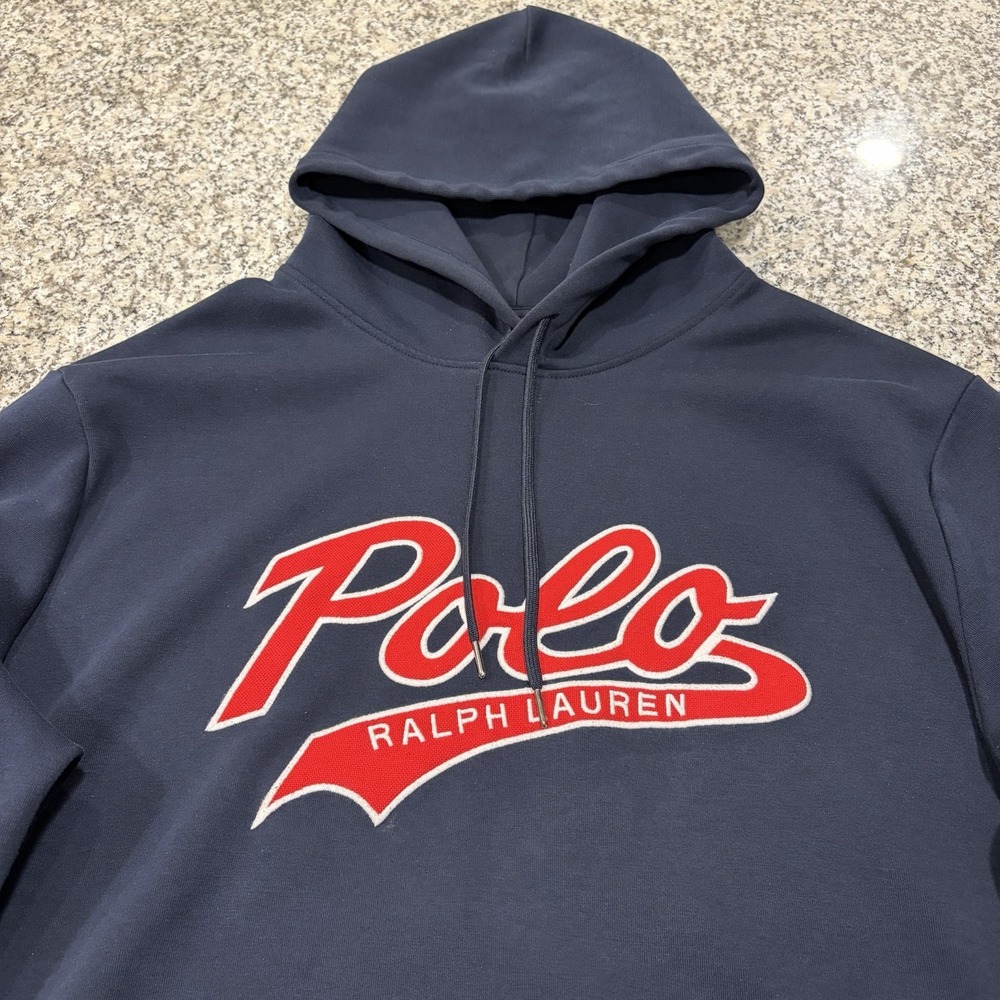 Vintage Polo Ralph Lauren Hoodie Navy Blue Red Script Logo Men's Size Large L